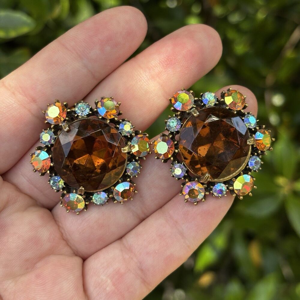 Vintage Brown Amber Large Rhinestone Clip On Earrings Mid Century Glam
